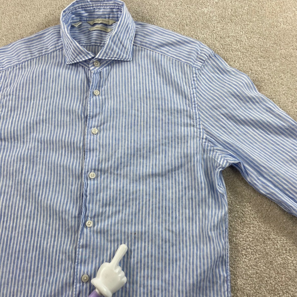 Suitsupply Linen Blend Button Down Shirt Mens 15 Blue White Striped Slim Fit - Picture 3 of 11